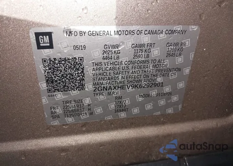 2019 Chevrolet Equinox Ls z USA, uszkodzony, nr VIN 2GNAXHEV9K6292901